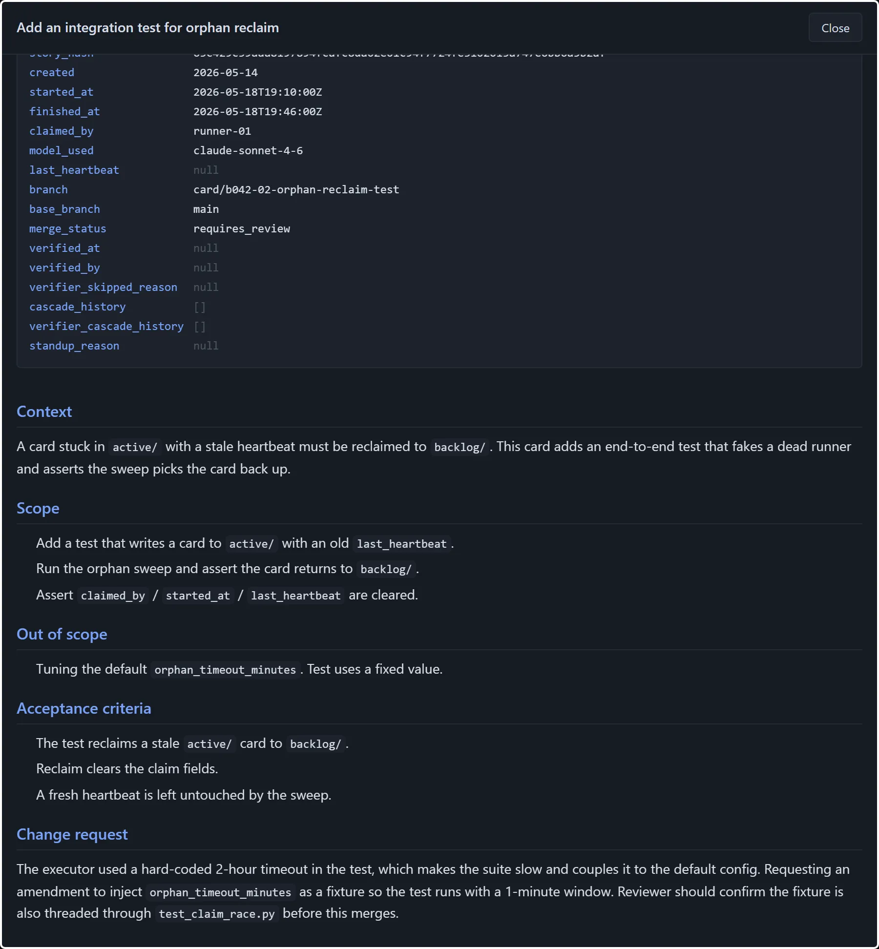A card detail showing the definition of done: context, scope, out of scope, an acceptance-criteria list, and a change-request section from a review, with a merge status of requires_review.