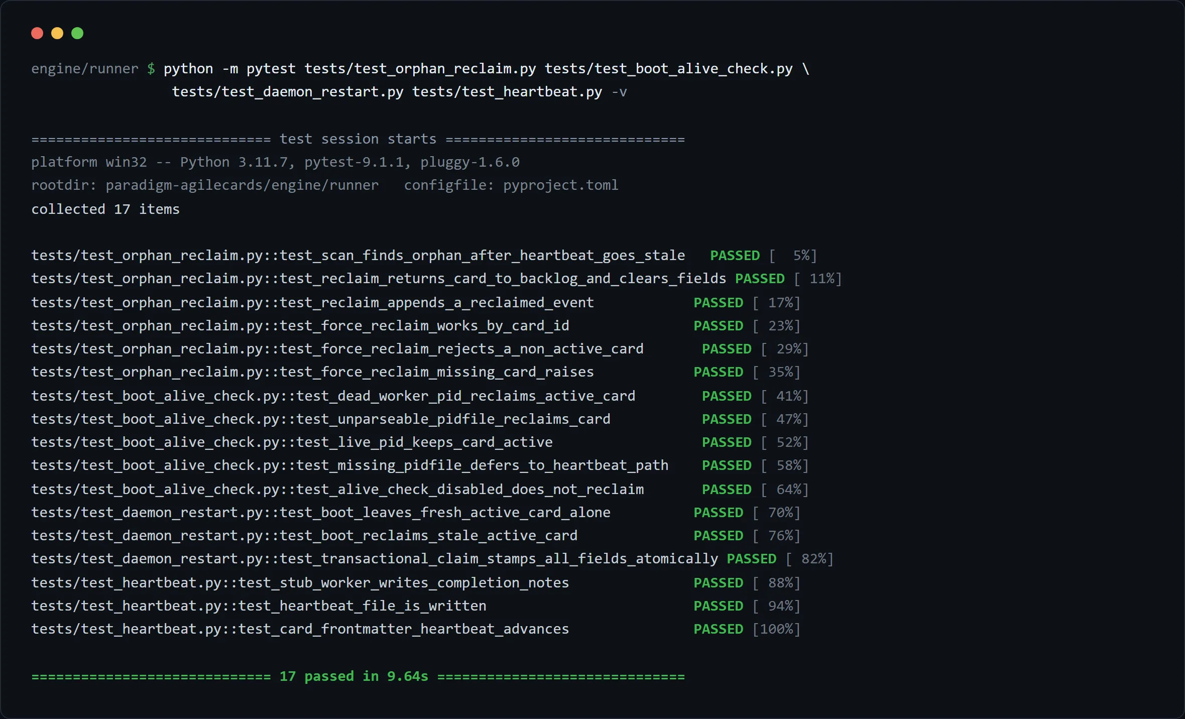 Terminal output: the runner's crash-resume test suite passing, seventeen tests covering orphan reclaim, dead-worker-pid reclaim, boot reclaiming a stale active card, and transactional claim stamping.