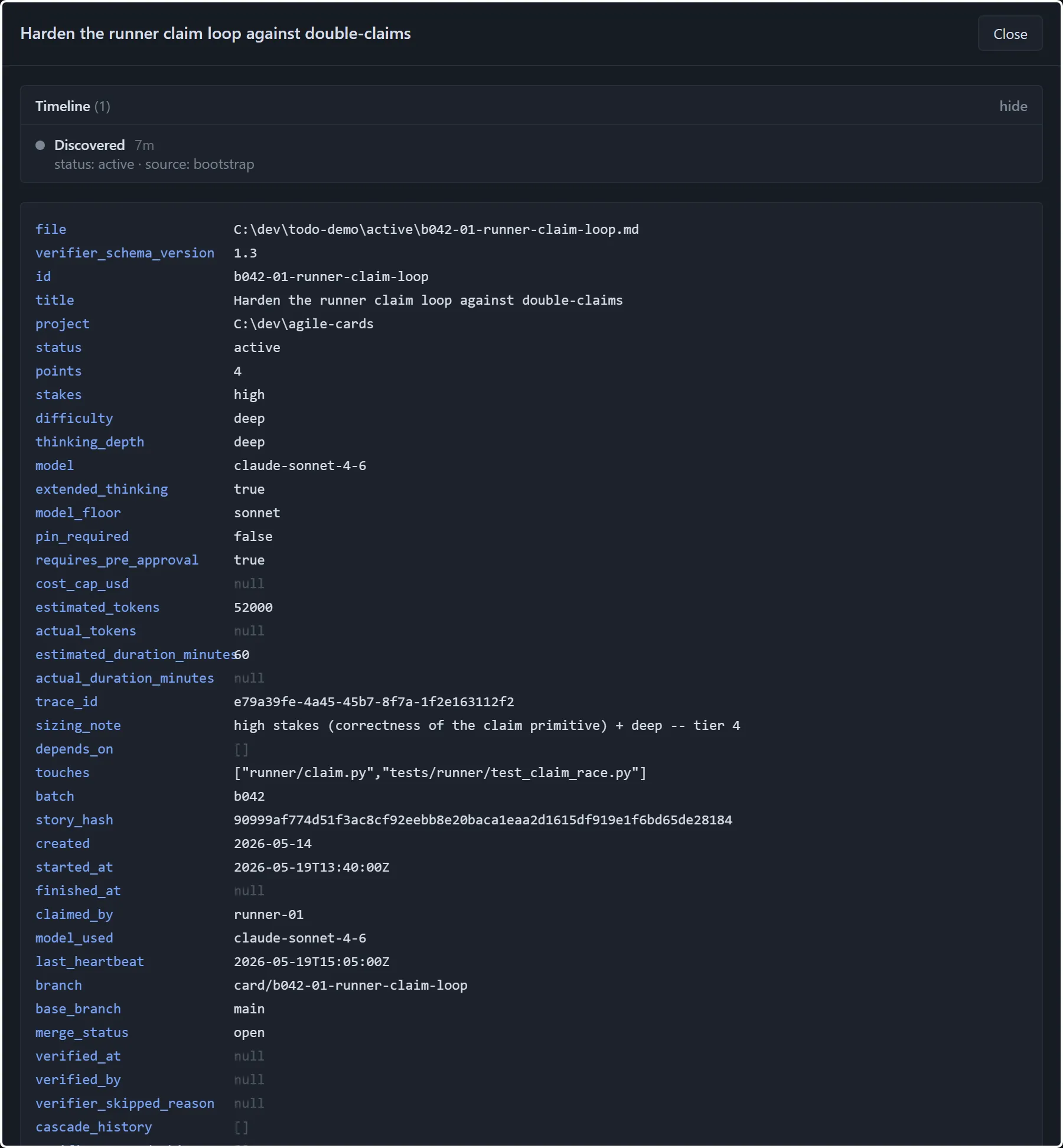 A card the runner has claimed: status active, claimed_by runner-01, a start time and a last heartbeat, a token estimate, a model floor of sonnet, and a merge status of open.