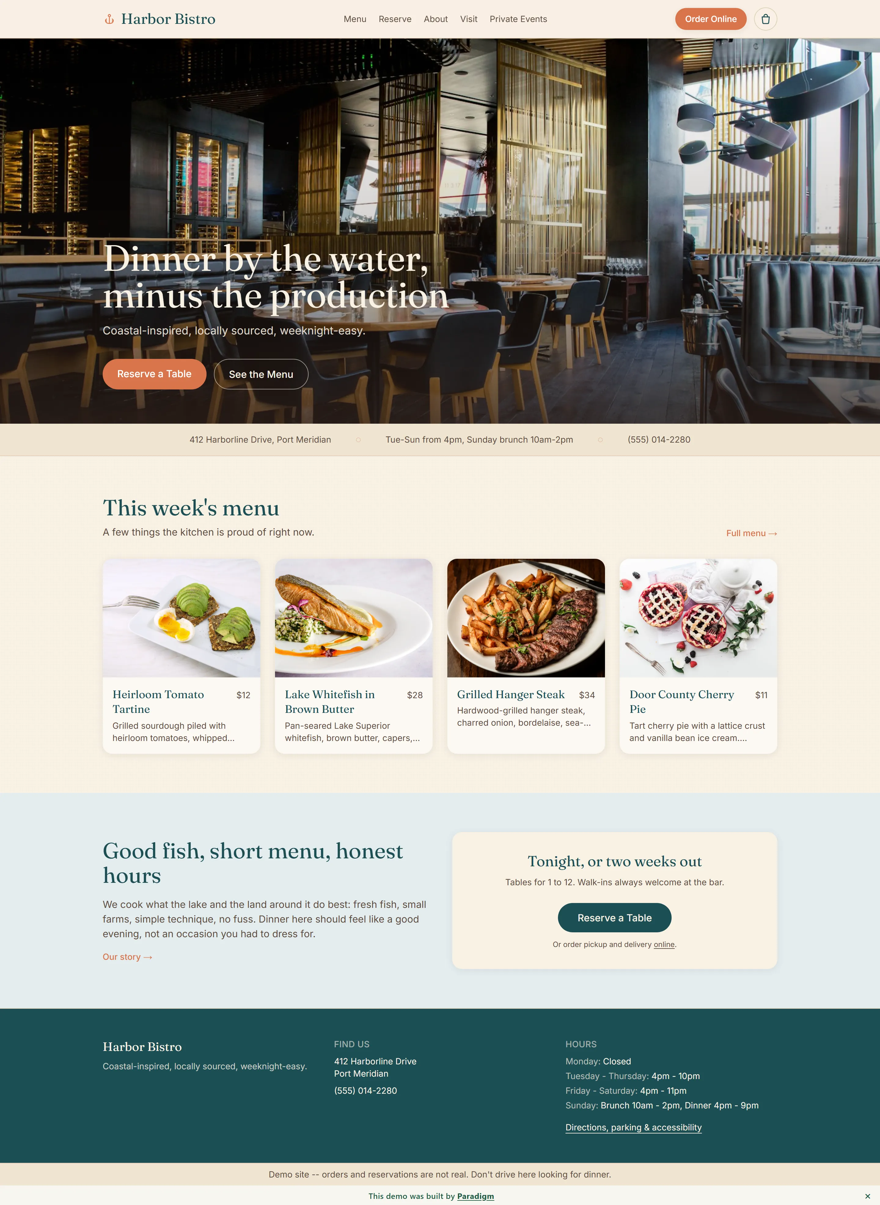 Harbor Bistro home: serif-headlined hero over a dining-room hero image, This week's menu strip with four item cards (price + name + description), a Good fish, short menu, honest hours section, and a teal footer with hours and address.