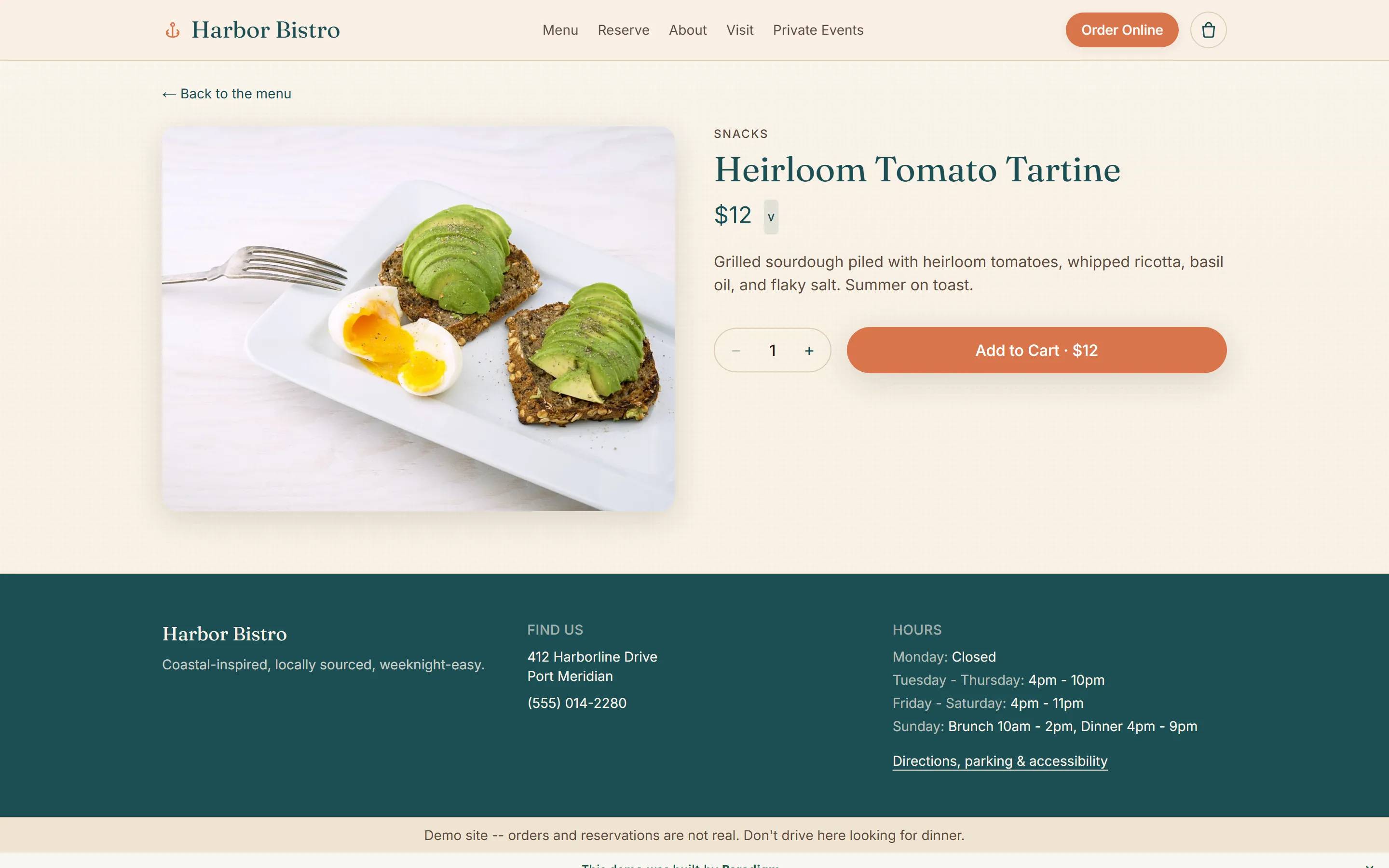 Harbor Bistro item detail page: a large photo of an heirloom tomato tartine on the left; on the right, course label, item name, $12 price, description, a quantity stepper with a coral Add to Cart button showing the running total.