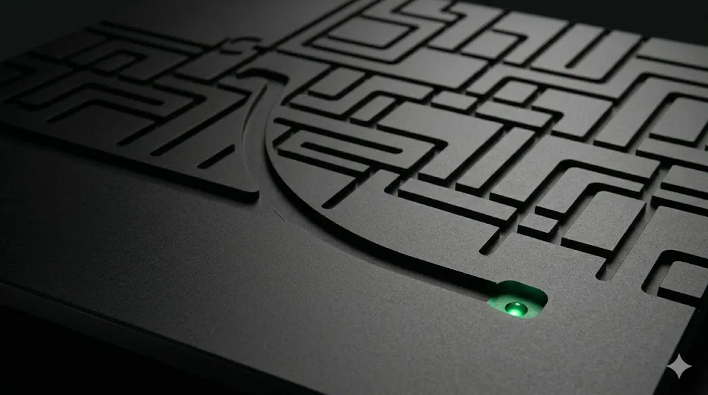 A dark engraved circuit-maze surface where one curved groove breaks from the grid and ends at a single glowing green node, the Paradigm shift-rule motif.