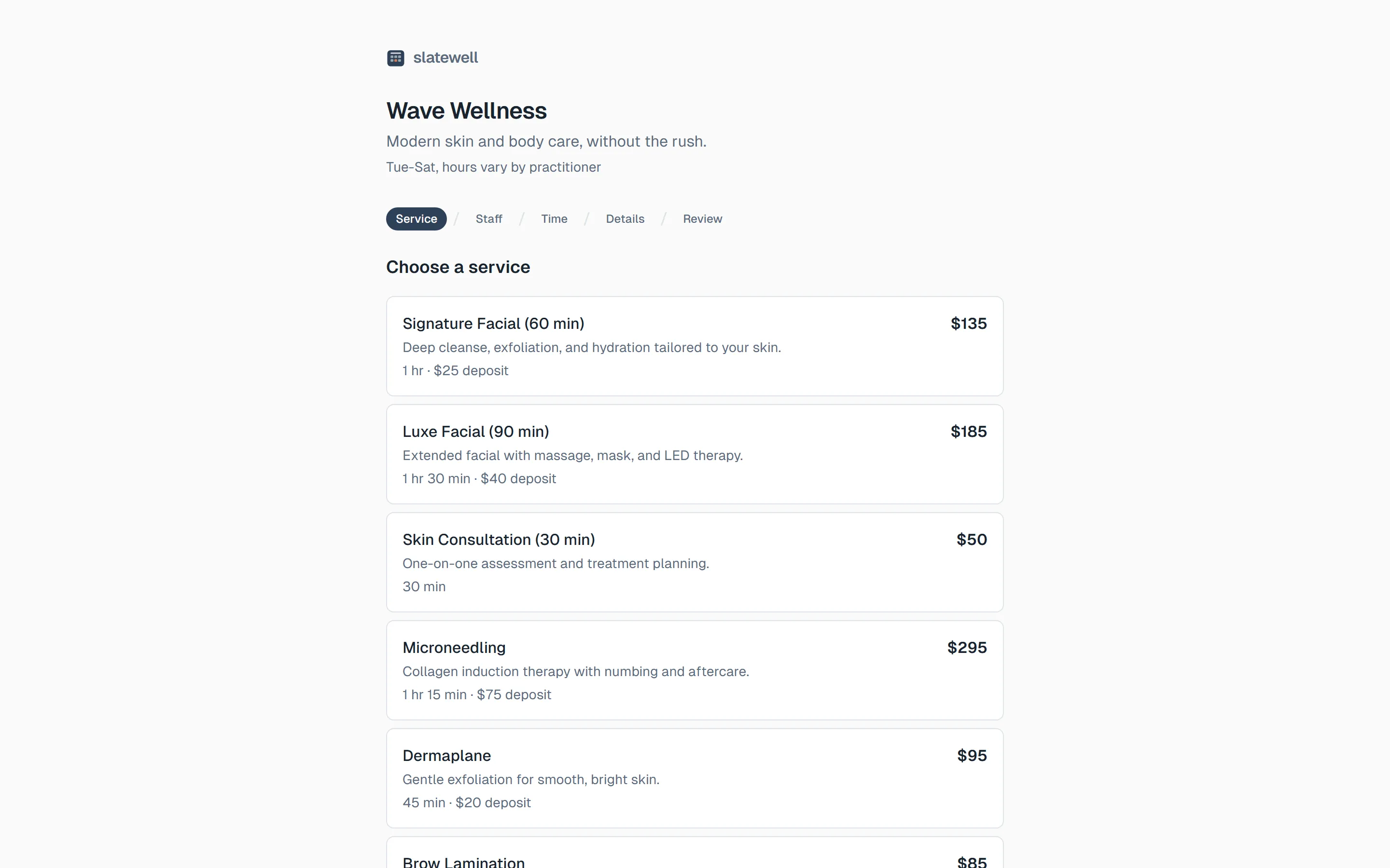 Slatewell booking flow on a fictional med-spa: service catalog with prices, deposits, and durations, with a five-step wizard rail (Service, Staff, Time, Details, Review).
