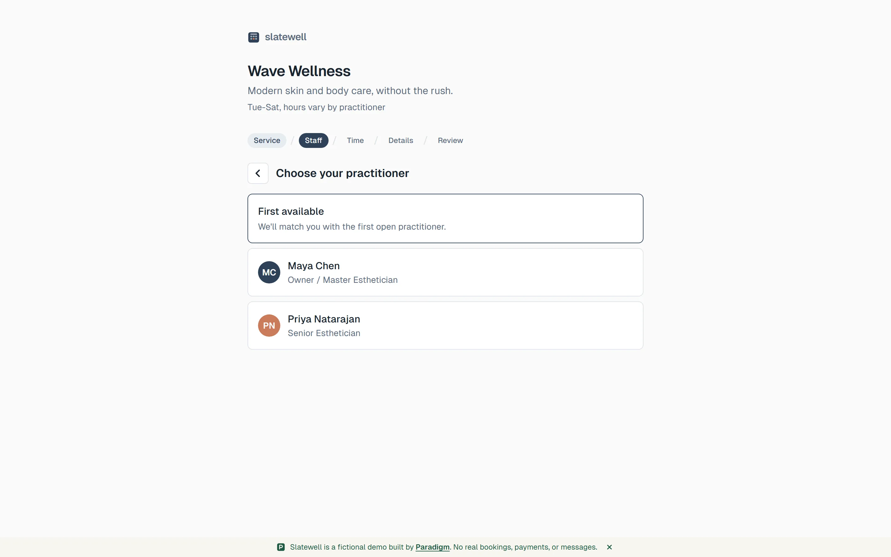 Slatewell staff picker for a chosen service: the wizard now lists First Available auto-assign plus the practitioners qualified for that service (Maya Chen, Owner / Master Esthetician; Priya Natarajan, Senior Esthetician).